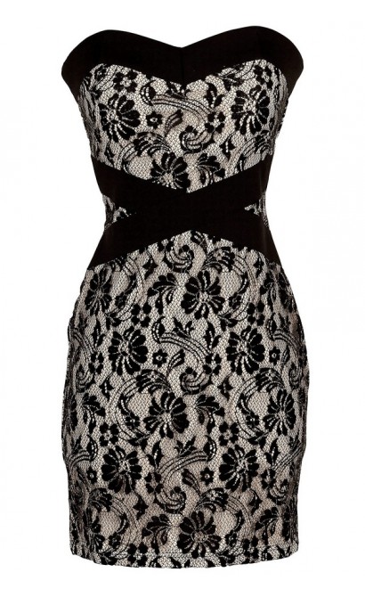 X Marks The Spot Black and Nude Strapless Lace Designer Dress